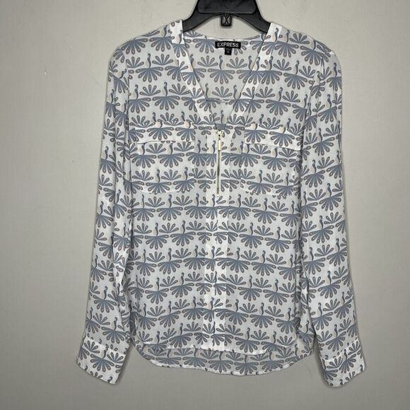 EXPRESS Top Womens XS V-Neck Popover Blouse Long Sleeve Blue Ivory Print - Picture 1 of 8
